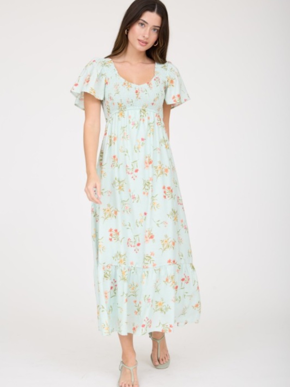 Floral Bell Sleeve Smocked Bust Midi Dress